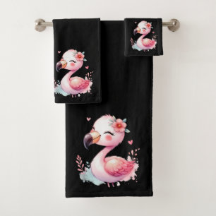 Conjunto De Toalhas Kawaii Preto com Flamingo Rosa Bebê