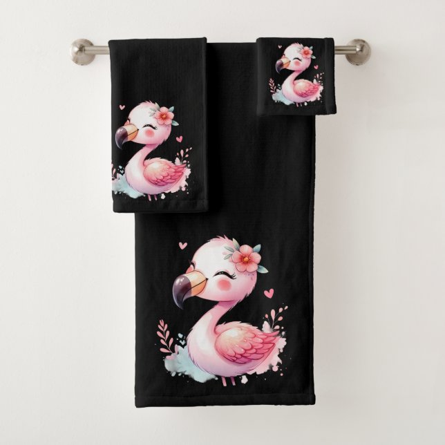 Conjunto De Toalhas Kawaii Preto com Flamingo Rosa Bebê  (Insitu)