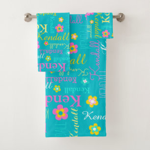 Conjunto De Toalhas Kendall, flores gráficas, nome aqua amarelo rosa