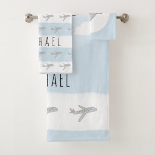 Conjunto De Toalhas Kids azuis, azuis, Design de Viagem de avião azul