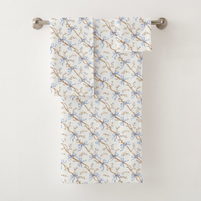 Conjunto De Toalhas Laços Azuis Creme (Insitu)
