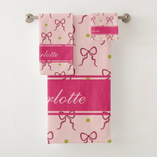 Conjunto De Toalhas Laços Rosa Quente Bolinhas Verdes