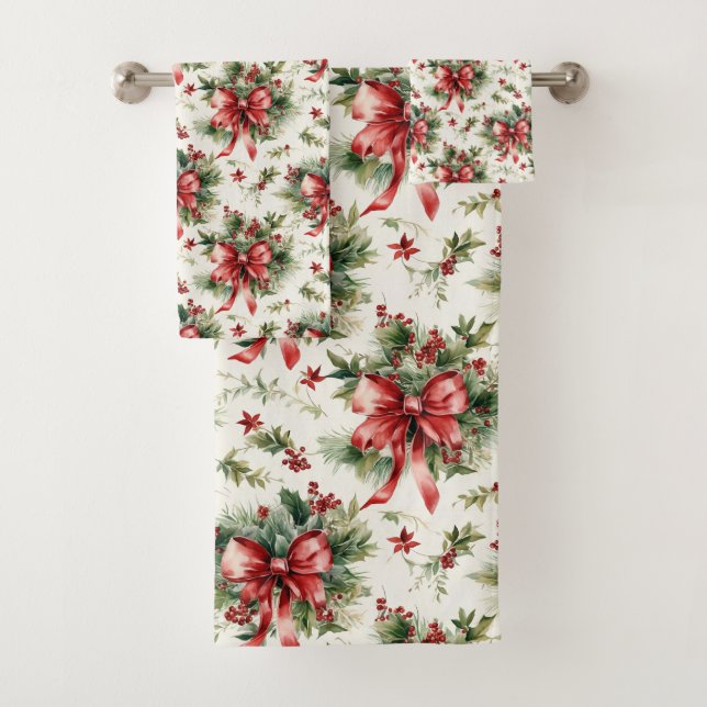 Conjunto De Toalhas Laços Vermelhos e Folhas de Azevinho (Insitu)