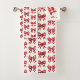 Conjunto De Toalhas Lacos Xadrez Vermelhos e Creme Fofos