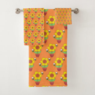 Conjunto De Toalhas Laranja Brilhante E Girassol Amarelo