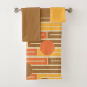 Conjunto De Toalhas Laranja, Dourado, Retângulos e Círculos Marrons Ba