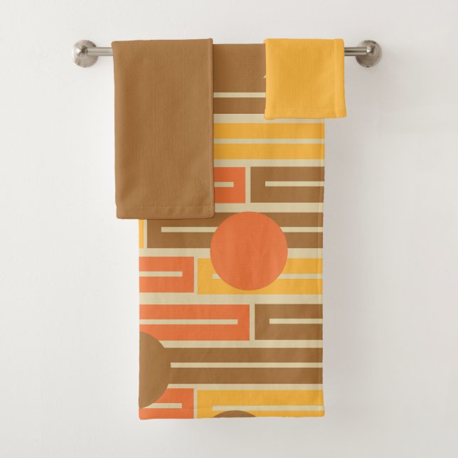 Conjunto De Toalhas Laranja, Dourado, Retângulos e Círculos Marrons Ba (Insitu)