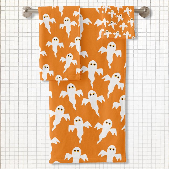 Conjunto De Toalhas Laranja Fantasma do Fantasma do Bom Halloween (Fun Halloween ghosts white and orange pattern bathroom towel set)