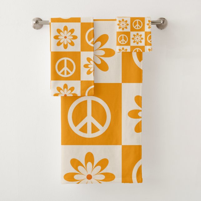 Conjunto De Toalhas Laranja Xadrez Flores Groovy e Sinais de Paz (Insitu)