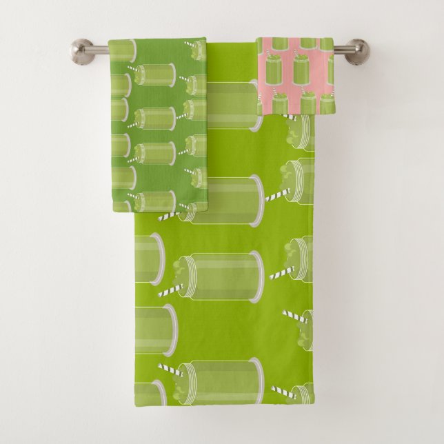 Conjunto De Toalhas Latte de Matcha Verde em Pote de Pedra Padrão de C (Insitu)