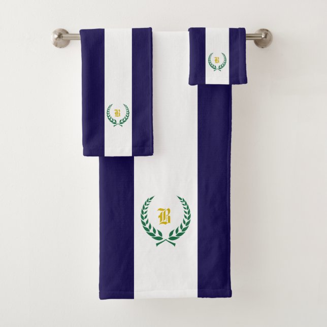 Conjunto De Toalhas Laurel & monograma em marinho azul e branco listra (Insitu)