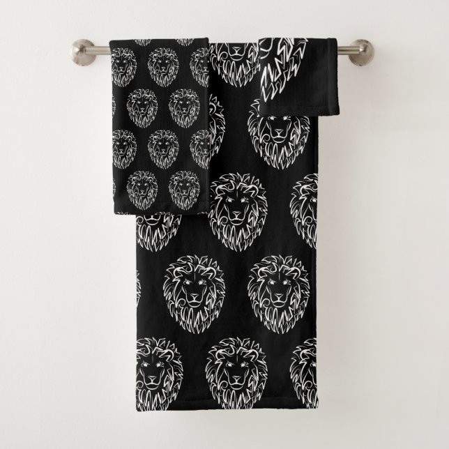 Conjunto De Toalhas Leão Tribal Negro e Branco (Insitu)