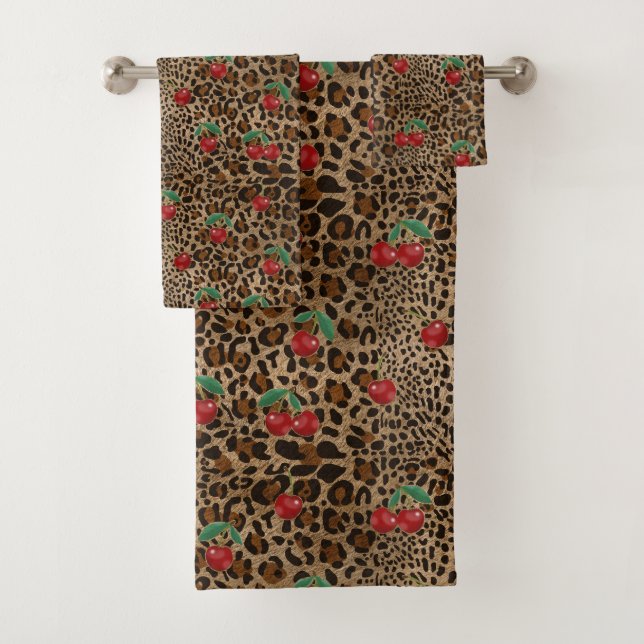 Conjunto De Toalhas Leopard Cheetah Animal Print Red Cherry (Insitu)