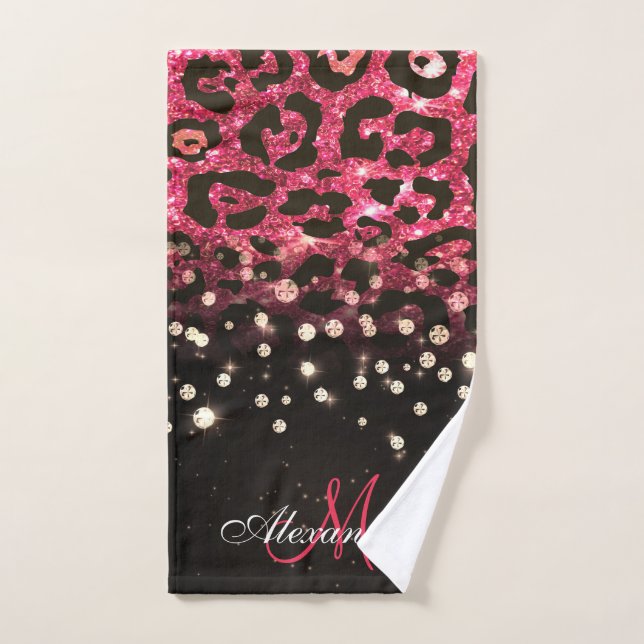 Conjunto De Toalhas Leopardo cor-de-rosa, impressão e diamantes (Toalha de mão)