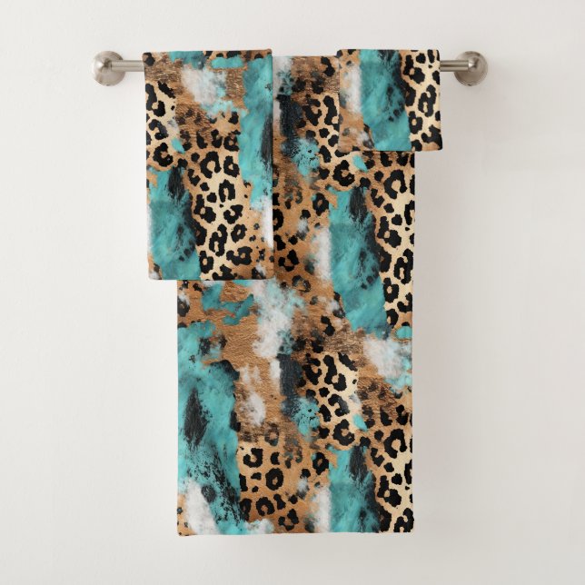 Conjunto De Toalhas Leopardo Negro Dourado Turquesa (Insitu)