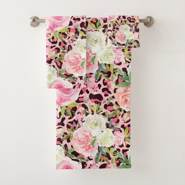Conjunto De Toalhas Leopardo Rosa Imprime Aquarela Floral (Insitu)