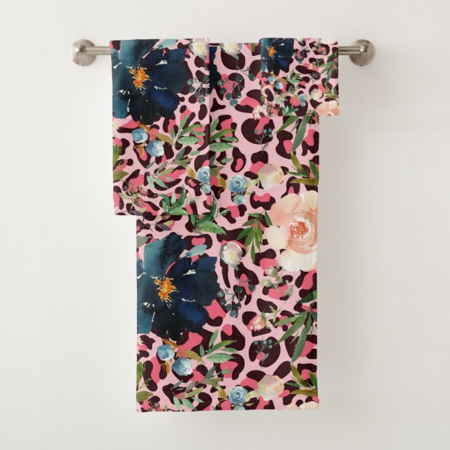 Conjunto De Toalhas Leopardo Rosa Imprime Aquarela Floral (Insitu)
