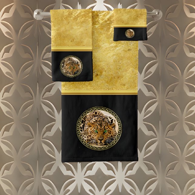 Conjunto De Toalhas Leopardo-verde com folha de ouro de pele com manch (Criador carregado)