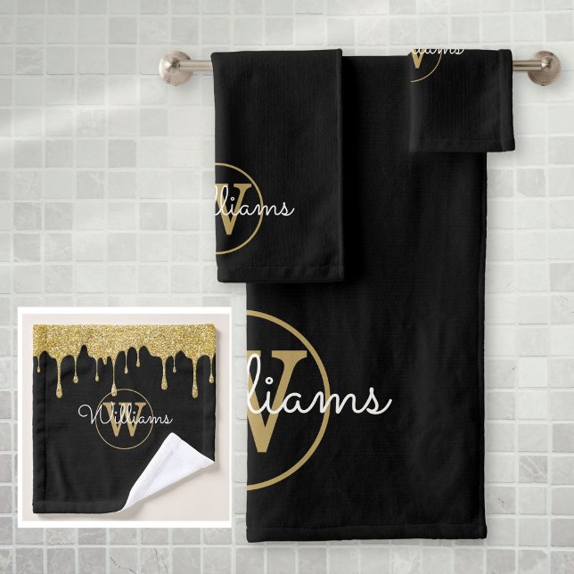 Conjunto De Toalhas Letras Maiúsculas com Efeito de Brilho Dourado (Gold Glitter Drips Monogram Script Name Bath Towel Set)