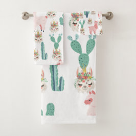 Conjunto De Toalhas Lhamas Rosa Fofo e Cacto Verde