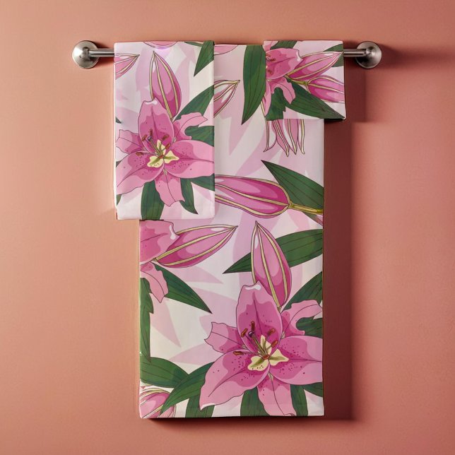Conjunto De Toalhas Lily Blooming Rosa (Pink Blooming Lily Bath Towel Set)