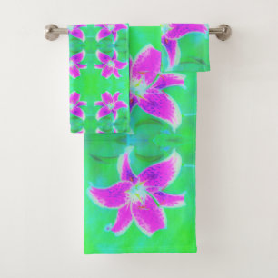 Conjunto De Toalhas Lily, com Stargazer Rosa Quente, em Turquesa e Ver