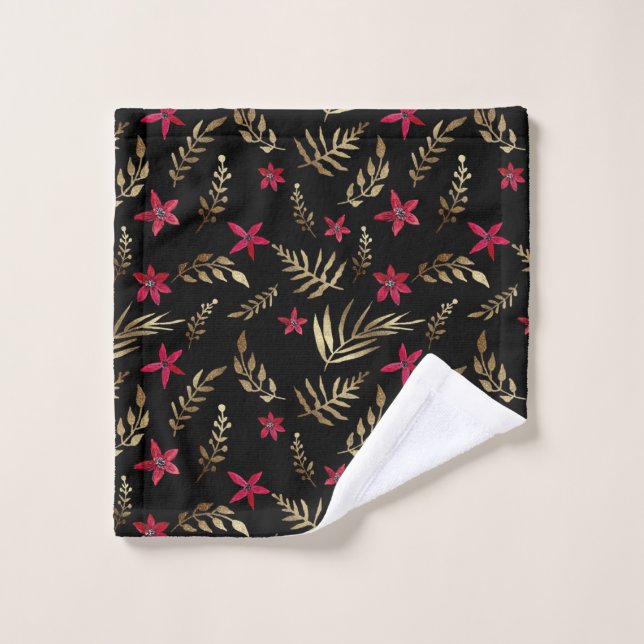 Conjunto De Toalhas Linda flor vermelha ouro brilha preto (Pano de lavar)