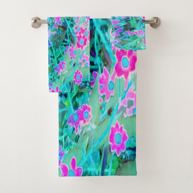 Conjunto De Toalhas Lindas Flores de Jardim Magenta e Azul Real (Insitu)