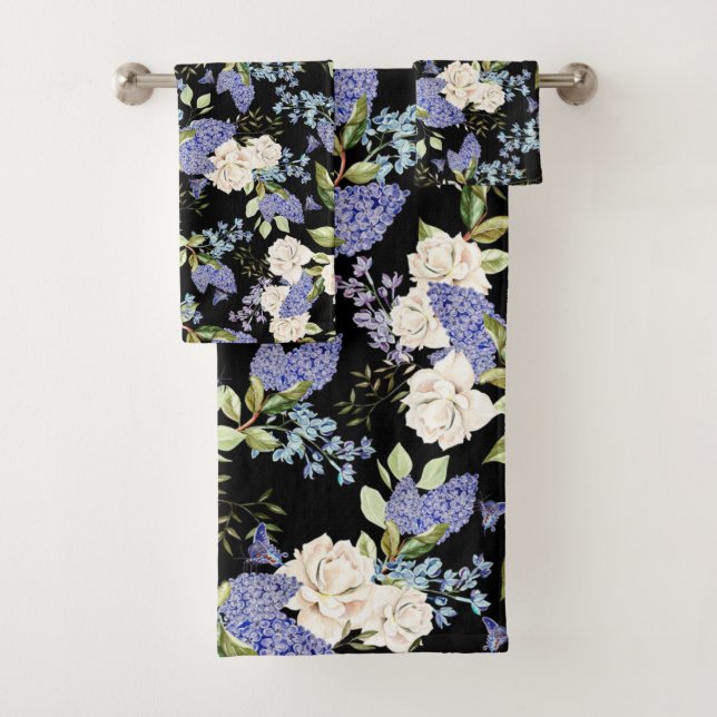 Conjunto De Toalhas Lindas Flores Lilás Rosas Roxos Azul em Preto (Insitu)