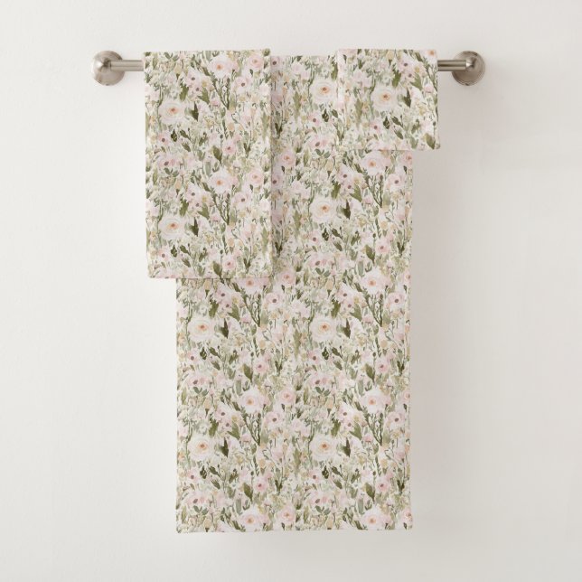 Conjunto De Toalhas Lindas Flores Rosa Bege (Insitu)