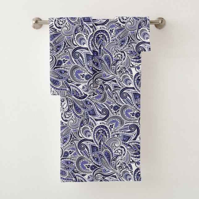 Conjunto De Toalhas Lindo desenho de padrões paisley azuis e brancos (Insitu)