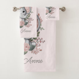 Conjunto De Toalhas Lindo Elefante Flora Rosa Verde Nome da Criança  
