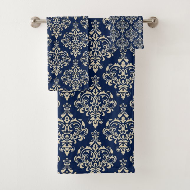 Conjunto De Toalhas Lindo padrão de damasco azul real elegante (Insitu)