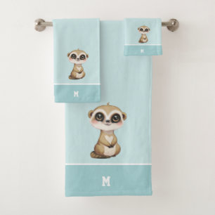Conjunto De Toalhas Lindo Suricata & Monograma em Azul Claro