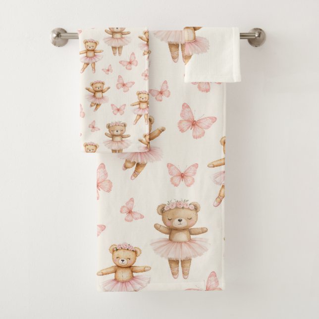 Conjunto De Toalhas Lindo urso bailarino rosa e borboletas (Insitu)