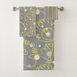 Conjunto De Toalhas Linhas contínuas amarelas sobre fundo de cinza