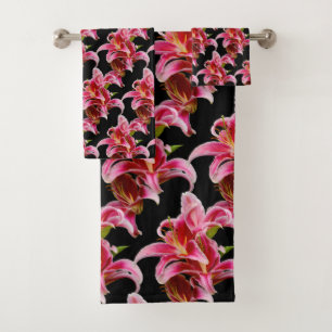 Conjunto De Toalhas Lírios Orientais Rosa-Rosa Elegante