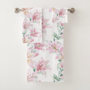 Conjunto De Toalhas Lírios Rosa-Cor-de-Água Flor Branco