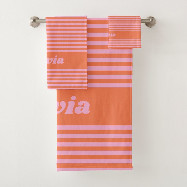 Conjunto De Toalhas Listra Rosa Laranja Personalizada com Nome (Insitu)