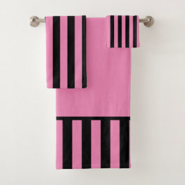 Conjunto De Toalhas Listra Vertical Preta e Rosa 