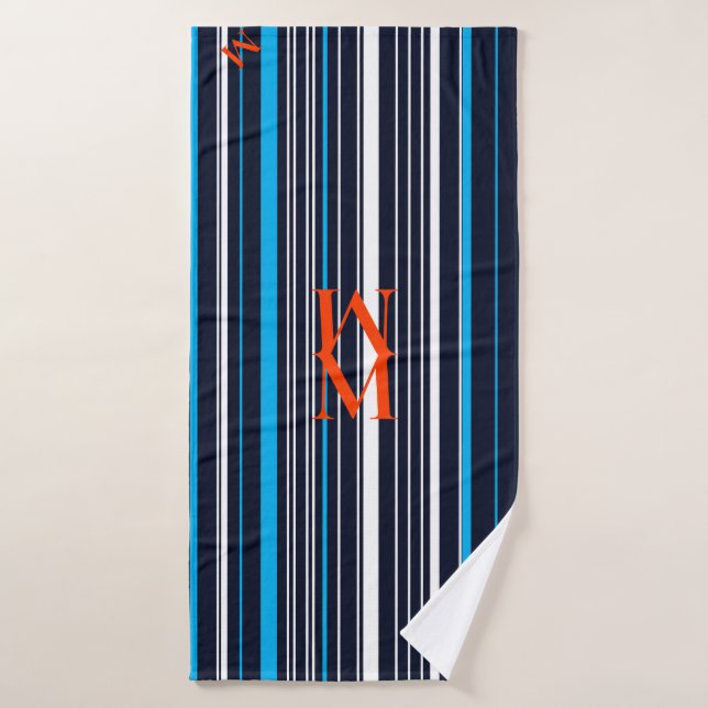 Conjunto De Toalhas Listras Azuis Monogramadas Laranja (Toalha de Banho)