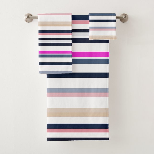 Conjunto De Toalhas Listras Azuis Rosas e de Areia (Insitu)