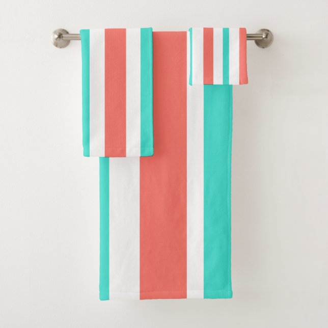 Conjunto De Toalhas Listras Brancas Turquesa Coral (Insitu)