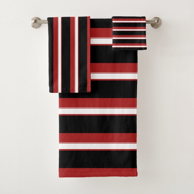 Conjunto De Toalhas Listras Brancas Vermelhas Pretas Chic (Insitu)