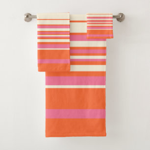 Conjunto De Toalhas Listras Complexas - Rosa, Laranja e Creme