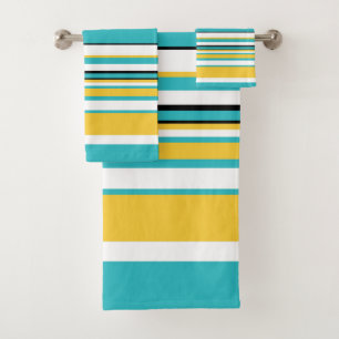 Conjunto De Toalhas Listras Complexas - Turquesa e Amarelo