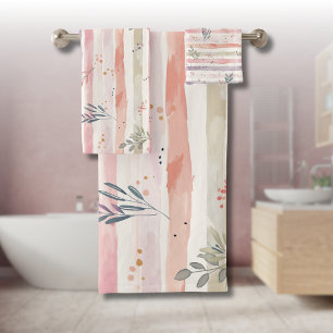 Conjunto De Toalhas Listras de Aquarela Pastel Vintage Folhas