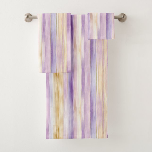 Conjunto De Toalhas Listras de Íris Creme Roxo   (Insitu)
