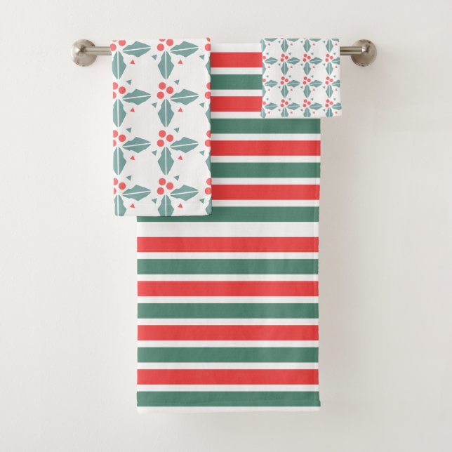 Conjunto De Toalhas Listras de Natal e Bagas de Azevinho Feriado (Insitu)