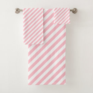 Conjunto De Toalhas Listras Diagonais de Tamanho Médio Rosa e Branco